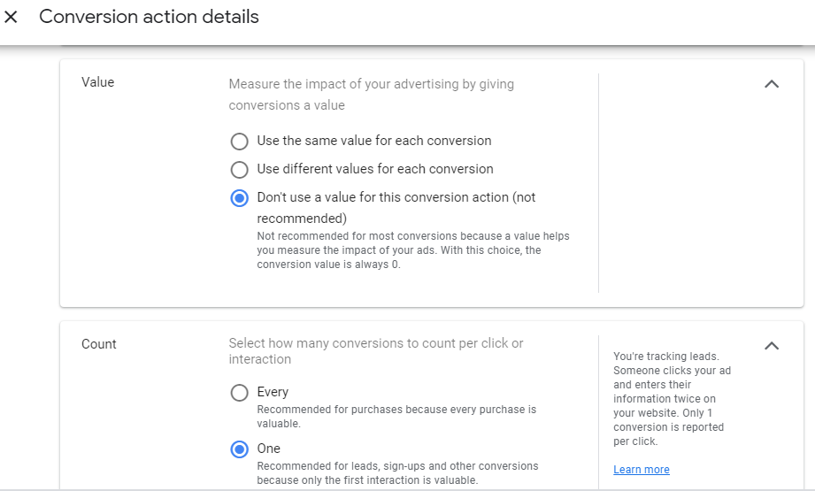 conversion value & count